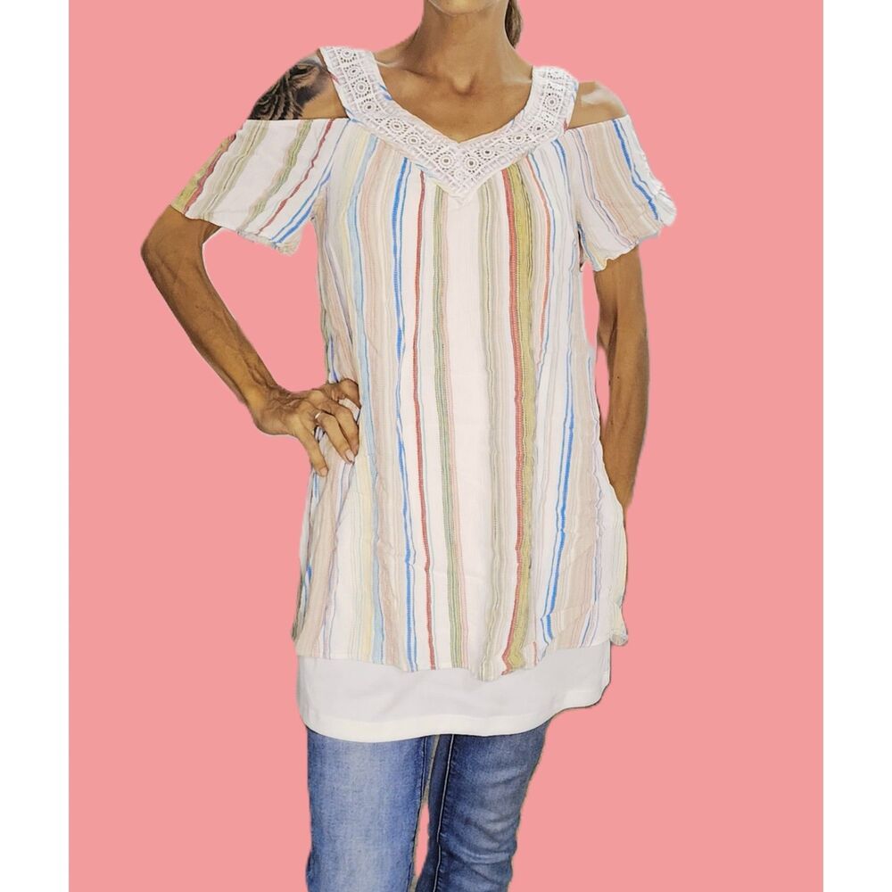 As U Wish ~  Cold Shoulder Boho Lace Stripe Layer Top Small